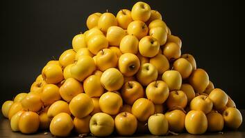 Pile of juicy yellow apples. AI generated photo