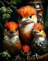 Birds in the nest in the tree hole. AI generated photo