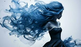 ficticio hembra cifra, oscuro pelo y fluido azul vestido. ai generado foto