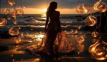 Female silhouette on the beach surrounded by fantastic lights. AI generated photo