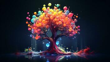 Fantastic fantasy tree, in multi colored neon. AI generated photo