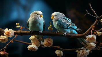 Pair of parakeets perched on a tree branch. AI generated photo