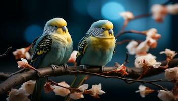 Pair of parakeets perched on a tree branch. AI generated photo