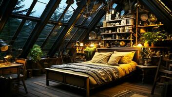 Interior of a bedroom in a rustic wooden cabin. AI generated photo