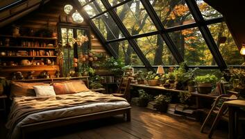 Interior of a bedroom in a rustic wooden cabin. AI generated photo