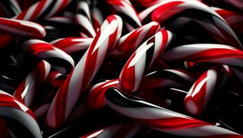 Delicious red and white candy canes, christmas time. AI generated photo