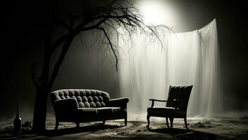 Misty outdoor setting with sofa. AI generated photo