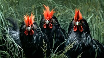 Imposing black roosters in the grass. AI generated photo