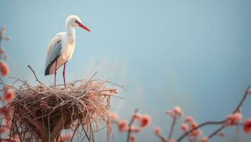 Stork on top of the nest. AI generated photo