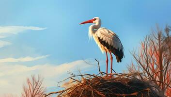 Stork on top of the nest. AI generated photo