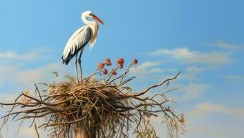 Stork on top of the nest. AI generated photo