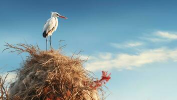 Stork on top of the nest. AI generated photo
