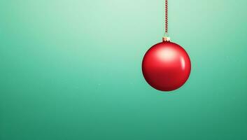 Minimalist image of a red christmas ball on a green wall. AI generated photo