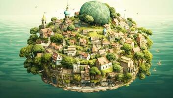 Village with many houses, trees and vegetation on an island. AI generated photo