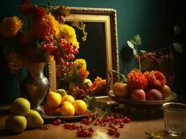 Still life image with food and flowers next to a mirror. AI generated photo