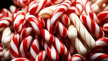 Delicious red and white candy canes, christmas time. AI generated photo