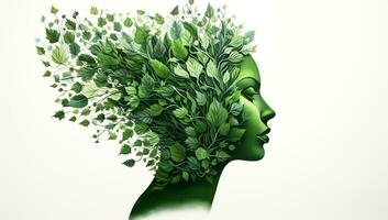 Green silhouette with hair formed by branches and leaves in ecology concept. AI generated photo