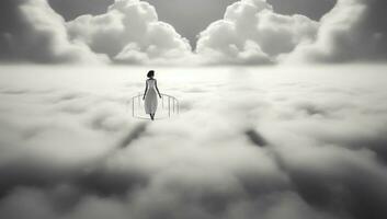Person in white dress on clouds in fantasy concept. AI generated photo