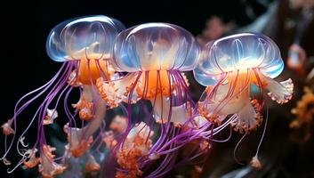 Illustration of glowing sea jellyfishes underwater. AI generated photo