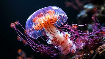 Illustration of glowing sea jellyfishes underwater. AI generated photo