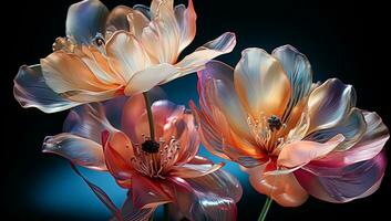 Illustration of glowing light orange and blue transparent flowers. AI Generated photo