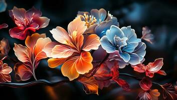 Illustration of glowing light orange and blue transparent flowers. AI Generated photo