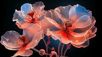 Illustration of glowing light orange transparent poppies. AI Generated photo