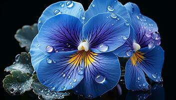 Closeup of blue pansy flower on black background. AI generated photo