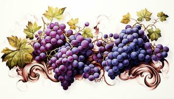 Banner with grapes and vines on white background to be used in advertising or other purposes. AI generated photo