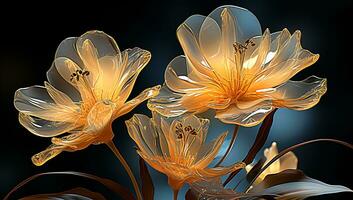 Illustration of glowing light orange transparent flowers with blue light. AI Generated photo