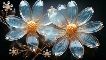 Illustration of glowing light orange and blue transparent flowers. AI Generated photo