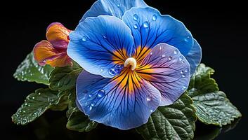 Closeup of blue pansy flower on black background. AI generated photo