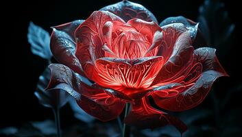 Illustration of glowing transparent red rose. AI Generated photo