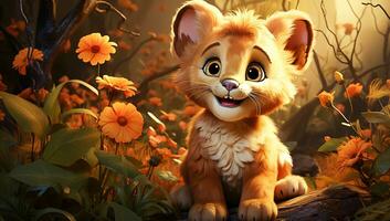 Cute cartoon of a baby lion for illustrations for children. AI Generator photo