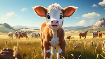 linda dibujos animados de un bebé vaca para ilustraciones para niños. ai generado foto