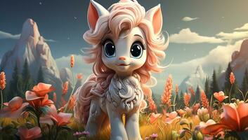 Cute cartoon of a baby pink unicorn for illustrations for children. AI Generated photo