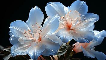 Closeup of blue geraniums on dark background. AI generated photo