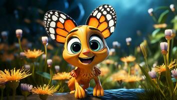 linda dibujos animados de un bebé monarca mariposa para ilustraciones para niños. ai generador foto