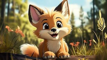 Cute cartoon of a baby red fox for illustrations for children. AI Generated photo