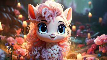 linda dibujos animados de un bebé rosado unicornio para ilustraciones para niños. ai generado foto