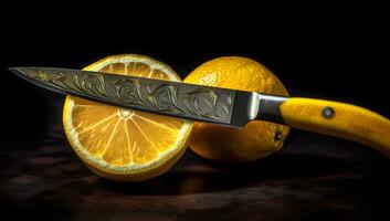 realista imagen de limón rebanadas con cuchillo en oscuro antecedentes. ai generado foto