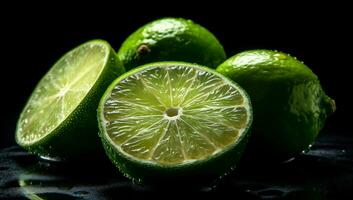 Realistic illustration of lime slices on black background. AI generated photo