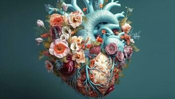 Heart made from branches of flowers. AI generated photo