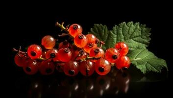 Realistic image of red currants on dark background. AI generated photo