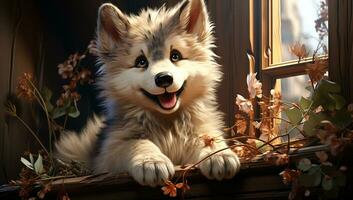 Cute cartoon of a baby alaskan malamute dog for illustrations for children. AI Generator photo