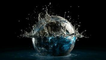 Planet Earth falling into splashing water on dark background photo