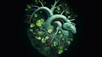 Anatomical human heart formed by leaves and tree branches. AI generated photo