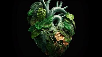 anatómico humano corazón formado por hojas y árbol sucursales. ai generado foto