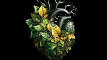 Anatomical human heart formed by leaves and tree branches. AI generated photo