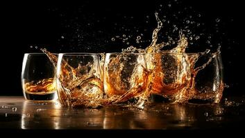 Coffee splash in glass on black blackground. ai generated photo